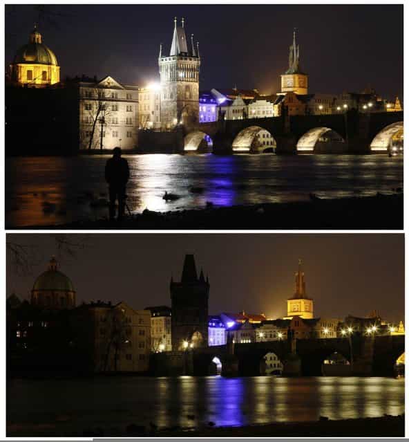 A combination of pictures shows the medieval Charles Bridge in Prague before (top) and during Earth Hour March 23, 2013. Earth Hour, when everyone around the world is asked to turn off lights for an hour from 8.30 p.m. local time, is meant as a show of support for tougher action to confront climate change. (Photo by Petr Josek/Reuters)