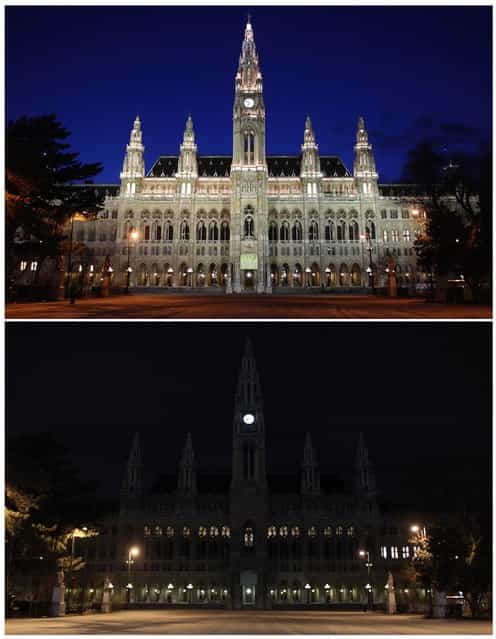A combination picture shows the city hall in the evening of March 21, 2013 (top) and during Earth Hour in Vienna March 23, 2013. Earth Hour, when everyone around the world is asked to turn off the lights for an hour from 8.30 pm local time, is meant as a show of support for tougher actions to combat climate change. (Photo by Heinz-Peter Bader/Reuters)