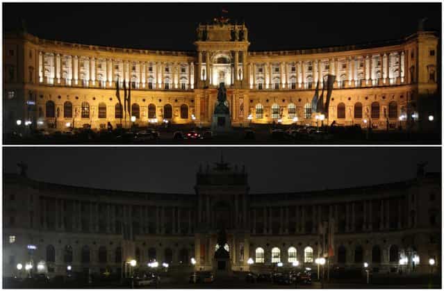 A combination picture shows Hofburg Palace before (top) and during Earth Hour in Vienna March 23, 2013. Earth Hour, when everyone around the world is asked to turn off the lights for an hour from 8.30 pm local time, is meant as a show of support for tougher actions to combat climate change. (Photo by Heinz-Peter Bader/Reuters)