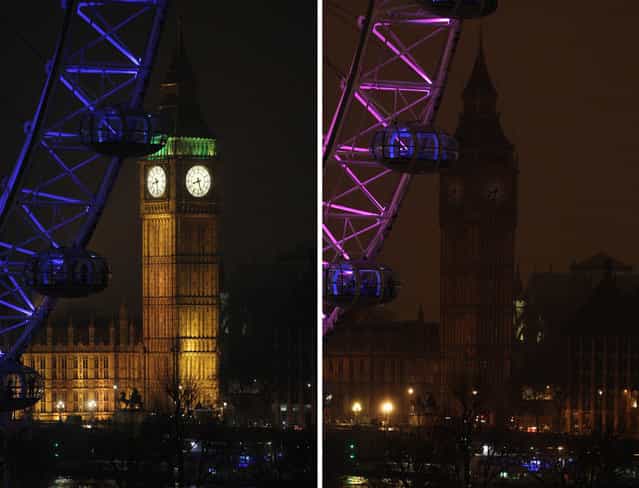 A two photo combination showing the Elizabeth Tower, which houses Big Ben at the Houses of Parliament in London, illuminated, left, and then in darkness as the lights were turned off to mark Earth Hour 2013, Saturday March 23, 2013. Earth Hour was marked worldwide at 8.30 p.m. local time and is a global call to turn off lights for 60 minutes in a bid to highlight the global climate change. (Photo by Lewis Whyld/AP Photo/PA)