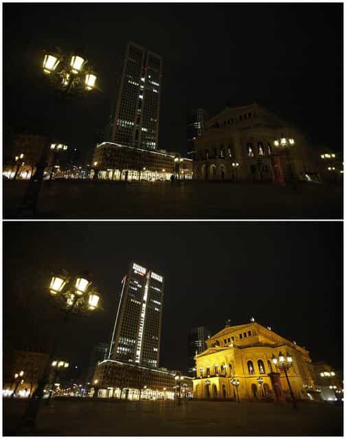 A combination photo shows the old opera and the opera tower during (top) Earth Hour, and after Earth Hour in Frankfurt March 23, 2013. Earth Hour, when everyone around the world is asked to turn off lights for an hour from 8.30 p.m. local time, is meant as a show of support for action to confront climate change. (Photo by Lisi Niesner/Reuters)