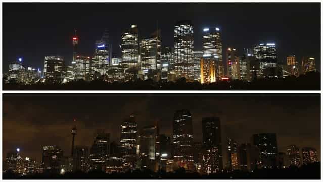 A combination picture shows the central business district (CBD) of Sydney on March 21, 2013 (top) before Earth Hour, and during Earth Hour March 23, 2013. Earth Hour, when everyone around the world is asked to turn off lights for an hour from 8.30 p.m. local time, is meant as a show of support for tougher action to confront climate change. (Photo by Daniel Munoz/Reuters)