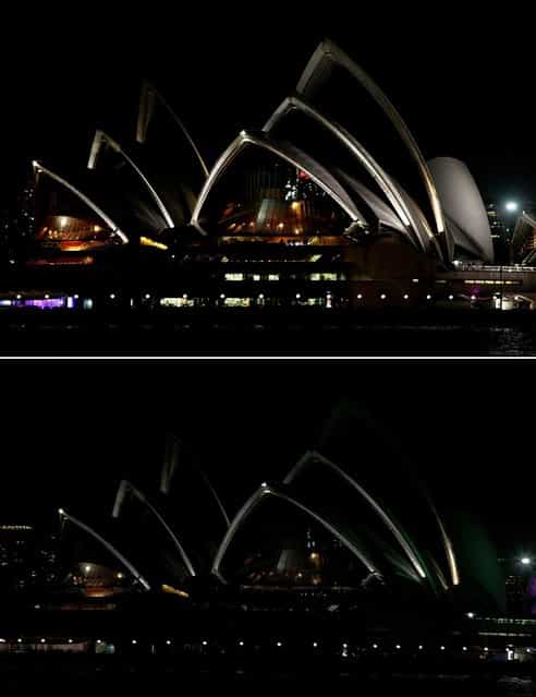 In this composite image the Opera House is seen before on March 21 (top) and after the lights were powered by [GreenPower] and glowed dark green to recognize Earth Hour on March 23, 2013 in Sydney, Australia. Businesses and households around the world will turn their lights off for on hour at 20:30 local time today, to celebrate Earth Hour, raise awareness about climate change and to show support for the use of renewable energy. Earth hour began in Sydney in 2007 and is now celebrated in over 150 countries around the world. (Photo by Lisa Maree Williams)