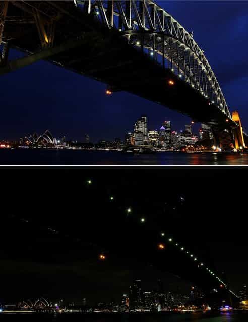 In this composite image the Sydney Harbour Bridge is seen before on March 21 (top) and after the lights were switched off to recognize Earth Hour on March 23, 2013 in Sydney, Australia. Businesses and households around the world will turn their lights off for one hour at 20:30 local time today, to celebrate Earth Hour, raise awareness about climate change and to show support for the use of renewable energy. Earth hour began in Sydney in 2007 and is now celebrated in over 150 countries around the world. (Photo by Lisa Maree Williams)