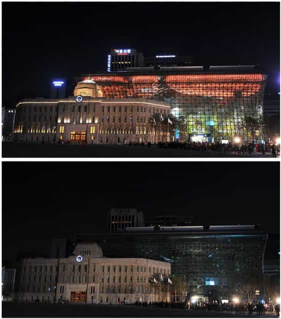 This photo combo shows the landmark Seoul City Hall illuminated (top) and with lights turned off (bottom) during the 7th annual Earth Hour global warming campaign in Seoul on March 23, 2013. One minute brightly lit, the next plunged into darkness – iconic landmarks around the world will cut their lights on March 23 for the [Earth Hour] campaign against climate change. (Photo by Kim Jae-Hwan/AFP Photo)