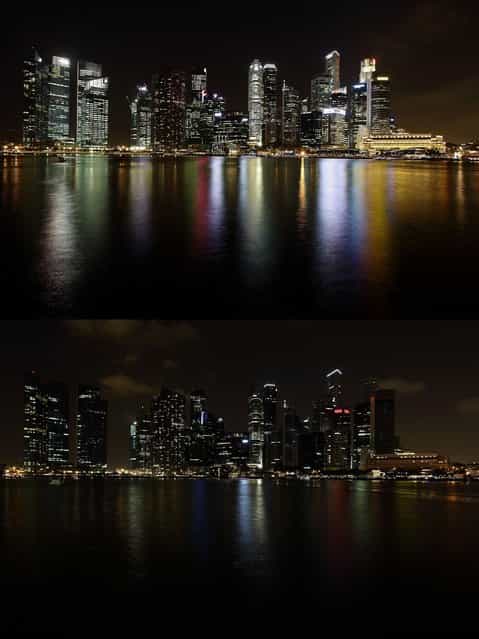 The Singapore city skyline is seen before (top) and after the lights were switched off to recognize Earth Hour on March 23, 2013 in Singapore, Singapore. Businesses and households around the world switch their lights off for an hour at 20:30 local time on March 23, to celebrate Earth Hour and raise awareness about climate change and renewable energy. Earth hour began in Australia in 2007 and is now celebrated in over 150 countries around the world. (Photo by Suhaimi Abdullah)