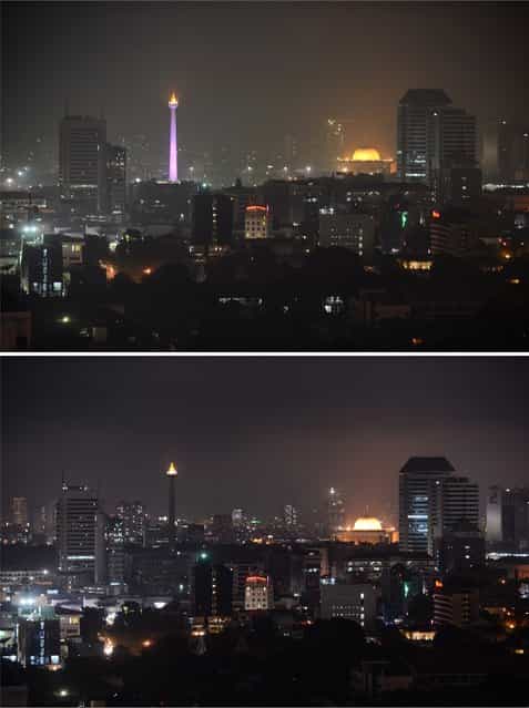 This combo shows the lighted National Monument at left and the dome of Istiqlal mosque at right in the Indonesia's capital city of Jakarta with lights in the top photograph taken on March 22, 2013 and the bottom photograph taken during [Earth Hour] event on March 23, 2013 with the National Monument lights switched off. Iconic landmarks and skylines were plunged into darkness on Saturday as the [Earth Hour] switch-off of lights around the world got under way to raise awareness of climate change. While more than 150 countries took part in last year's event, the movement has spread even further afield this year, with Palestine, Tunisia, Suriname and Rwanda among a host of newcomers pledging to take part. (Photo by Romeo Gacad/AFP Photo)