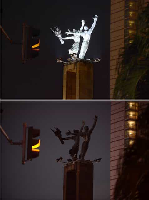 This two combo photograph shows the lighted Welcome Monument located in central Indonesia's capital city of Jakarta with lights on in the top photograph and bottom photograph taken during [Earth Hour] event on March 23, 2013 with the monument's lights switched off. Iconic landmarks and skylines were plunged into darkness on Saturday as the [Earth Hour] switch-off of lights around the world got under way to raise awareness of climate change. While more than 150 countries took part in last year's event, the movement has spread even further afield this year, with Palestine, Tunisia, Suriname and Rwanda among a host of newcomers pledging to take part. (Photo by Romeo Gacad/AFP Photo)