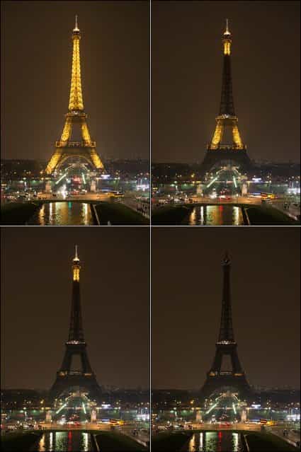 Combination photo shows The Eiffel Tower submerging into darkness at 8:30 pm (local time) as part of the Earth Hour switch-off on March 23, 2013 in Paris. Organisers expect hundreds of millions of people across more than 150 countries to turn off their lights for 60 minutes on Saturday night – at 8:30 pm local time – in a symbolic show of support for the planet. While more than 150 countries joined in last year's event, the movement has spread even further afield this year, with Palestine, Tunisia, Suriname and Rwanda among a host of newcomers pledging to take part. (Photo by Bertrand Langlois/AFP Photo)