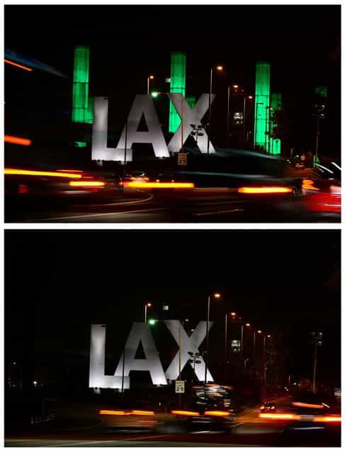 In this combo photo shows the 100-foot LAX Gateway pylons at Los Angeles International Airport are lit green (top) for an hour on March 23, 2013 in Los Angeles, California, before being turned off (bottom) and going dark for the following hour to commemorate Earth Hour 2013, with the annual global campaign engaging more than 150 nations to voluntarily participate in the no-lights show this year. (Photo by Frederic J. Brown/AFP Photo)
