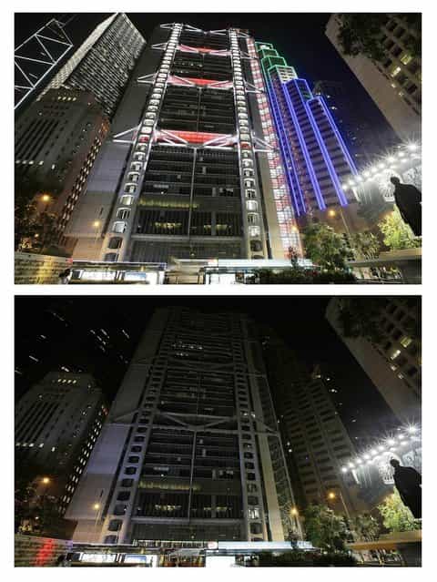 In this composite image, The Bank of China Tower, Cheung Kong Centre, HSBC building and Standard Charter Bank Building are seen before (top) and after the lights were switched off to recognize Earth Hour on on March 23, 2013 in Hong Kong, Hong Kong. Businesses and households around the world will turn their lights off for on hour at 20:30 local time today, to celebrate Earth Hour, raise awareness about climate change and to show support for the use of renewable energy. Earth hour began in Australia in 2007 and is now celebrated in over 150 countries around the world. (Photo by Jessica Hromas)