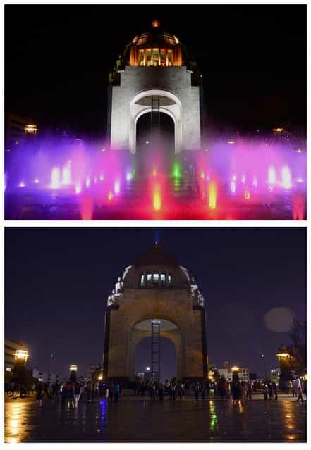 In this combo photo shows the Monumento a la Revolucion with color lights on (top) and lights were turned off (bottom) to mark [Earth Hour] in Republica Square in Mexico City on March 23, 2013. Millions of people were expected to switch off their lights for Earth Hour in a global effort to raise awareness about climate change. (Photo by Alfredo Estrella/AFP Photo)
