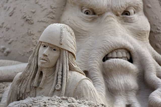 Detail of a sand sculpture of Pirates of the Caribbean is seen as pieces are prepared as part of this year's Hollywood themed annual Weston-super-Mare Sand Sculpture festival on March 26, 2013 in Weston-Super-Mare, England. Due to open on Good Friday, currently twenty award winning sand sculptors from across the globe are working to create sand sculptures including Harry Potter, Marilyn Monroe and characters from the Star Wars films as part of the town's very own movie themed festival on the beach. (Photo by Matt Cardy)