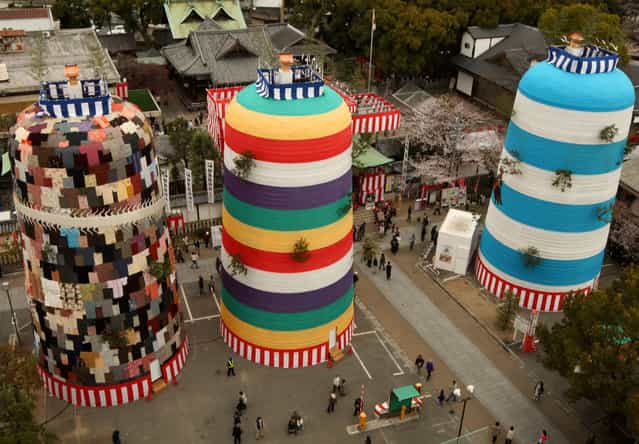 The main feature of the Mitsuyama Taisai Festival, three 18 meters tall 'mountains.' are displayed at the Itate Hyozu Shrine on March 31, 2013 in Himeji, Japan. The festival is held once in 20 years since 1593, Priests of Itate Hyozu Shrine welcome to all the gods across the country for top of the three mountains and treat with food seven days from today as to pray for peace and prosperity. (Photo by Buddhika Weerasinghe)