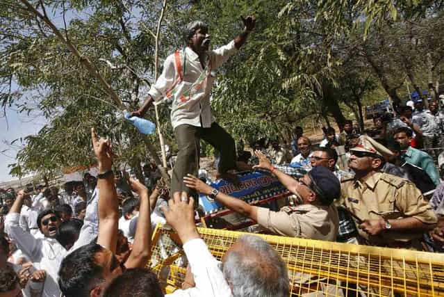 An activist from Congress party shouts as he stands on a police barricade during a protest at Gandhinagar, in the western Indian state of Gujarat, April 1, 2013. Hundreds of activists from Congress party and farmers held a protest on Monday demanding 12-hour electricity supply for farmers and a roll back of the Gujarat Irrigation and Drainage Bill that was passed by the state's ruling Bharatiya Janata Party (BJP) government recently, according to a media release by the protesters. (Photo by Amit Dave/Reuters)