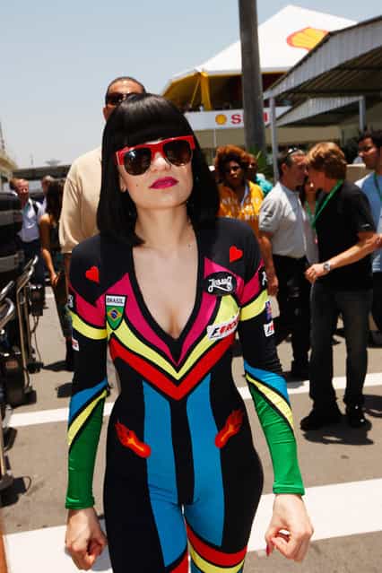 Singer Jessie J visits the paddock as part of the F1 Rocks event during practice for the Brazilian Formula One Grand Prix at the Autodromo Jose Carlos Pace on November 25, 2011 in Sao Paulo, Brazil. (Photo by Mark Thompson for F1 Rocks in Sao Paulo)