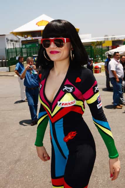 Singer Jessie J visits the paddock as part of the F1 Rocks event during practice for the Brazilian Formula One Grand Prix at the Autodromo Jose Carlos Pace on November 25, 2011 in Sao Paulo, Brazil. (Photo by Mark Thompson for F1 Rocks in Sao Paulo)