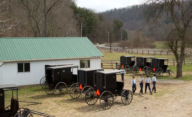 Amish boys walk to the school house for their final day of class in Bergholz, Ohio on Tuesday, April 9, 2013. (Photo by Scott R. Galvin/AP Photo)