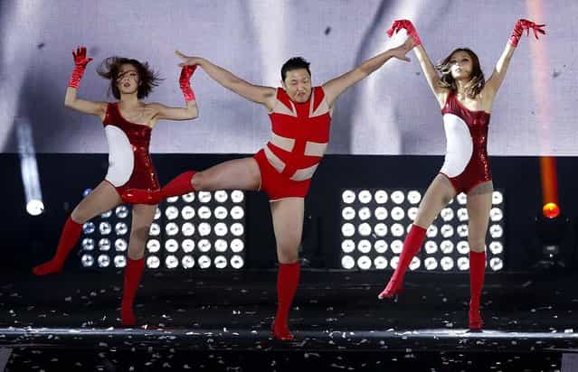 PSY performs at his concert [Happening] in Seoul, on April 13, 2013. The South Korean pop star's first new single since his viral hit [Gangnam Style] is stealing attention from inter-Korean tensions. (Photo by Kin Cheung/Associated Press)