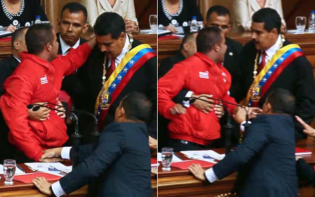 The swearing in of Nicolas Maduro as Venezuela’s new president was interrupted by a man who ran on stage and grabbed the microphone during the inauguration ceremony in Caracas, on April 19, 2013. The man, who tried to appeal for the president’s help, was quickly tackled by bodyguards. The lapse in security was perhaps embarrassing for Maduro, with leaders and dignitaries from around the world attending the event, such as Iran’s president Mahmoud Ahmadinejad. Returning to his speech after the incident, Maduro said: [Security has failed totally. I could easily have been shot. And a comrade, however many ideas he may have, must understand that this is an event that has rules that should be respected]. (Photo by Francisco Boza/AFP Photo)
