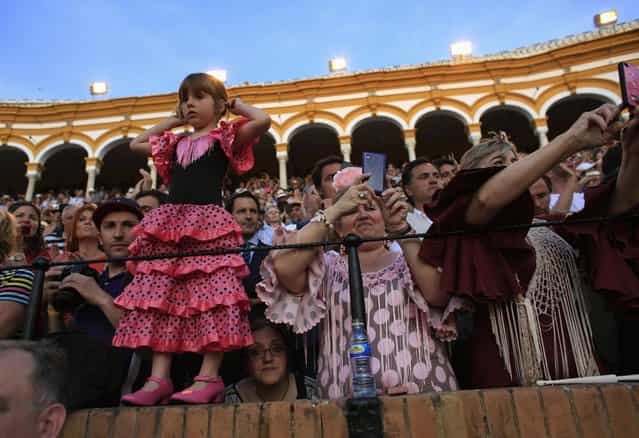 Women wearing typical Sevillana outfits are seen during a bullfight at The Maestranza bullring in the Andalusian capital of Seville, southern Spain April 19, 2013. (Photo by Marcelo del Pozo/Reuters)