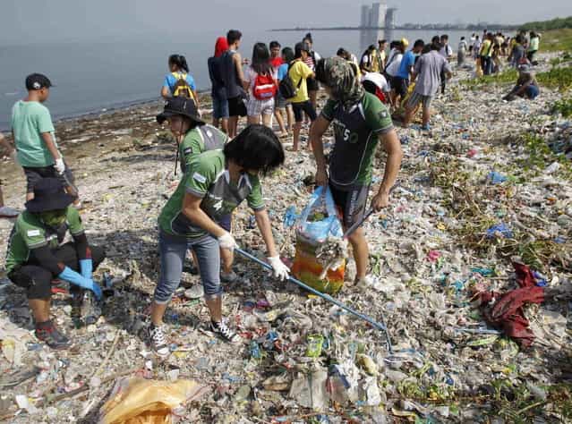 Students, environmental activists and volunteers collect garbage in an effort to clean up the coast of the Paranaque coastal Habitat and Ecotourism area, home to a mangrove forest and a bird sanctuary, as part of the advanced commemoration of Earth Day in Manila April 20, 2013. Earth Day is an annual event celebrated on April 22, which aims to promote public awareness and protection of the environment. (Photo by Romeo Ranoco/Reuters)