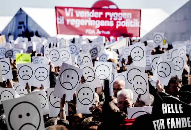 Danish Prime Minister Helle Thorning-Schmidt is met with strong protests during her May Day speech in Aarhus, Denmark. (Photo by Daniel Hjort)