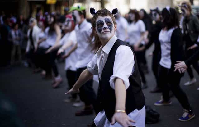Activists with their faces painted like badgers dance to Brian May's [The Badger Song] as they take part in a flash-mob protest against a proposed cull of the animals outside Britain's Department for Environment, Food and Rural Affairs (Defra) in London, on May 1, 2013. Animal rights activists and rock star Brian May, who did not take part in the flash-mob Wednesday, are going up against the country's cattle farmers in a bid to save Britain's native burrowers from a government-authorized cull. (Photo by Matt Dunham/Associated Press)