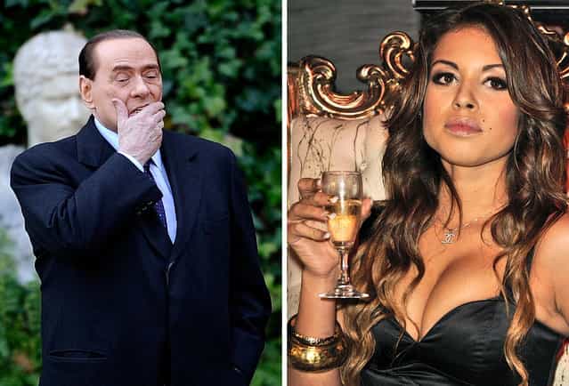 This combo image made of two recent file pictures shows Italian Prime Minister Silvio Berlusconi (L) at Villa Madama in Rome and Moroccan Karima El Mahroug, nicknamed Ruby the Heartstealer in a nightclub. Italian prosecutors on February 15, 2011 requested that Prime Minister Silvio Berlusconi be put on trial immediately for abuse of power and having sex with an underage girl nicknamed Ruby the Heartstealer. (Photo by Filippo Monteforte/AFP Photo)