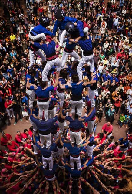 Members of the Castellers [Vila de Gracia] form their human tower. (Photo by Emilio Morenatti/Associated Press)