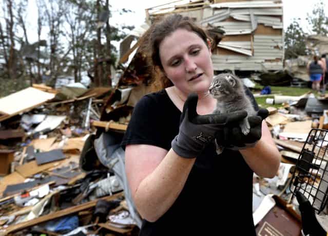 Maeghan Hadley, of One Day Ranch pet rescue, checks over a kitten pulled from under the rubble of a mobile home destroyed by Sunday's tornado in the Steelman Estates Mobile Home Park, near Shawnee. (Photo by Sue Ogrocki/Associated Press)