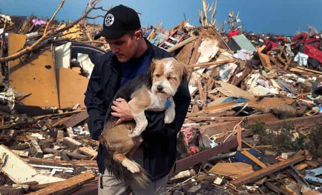 On Tuesday, Sean Xuereb recovers a dog from the rubble of a home in Moore. (Photo by Scott Olson/Getty Images)