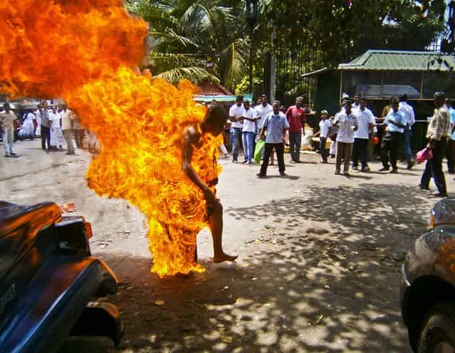 Buddhist monk Bowatte Indrarathane walks outside sacred Temple of the Tooth in Kandy, Sri Lanka, after setting himself on fire during a protest demanding an end to cattle slaughter, according to Press Trust of India, on May 24, 2013. The monk was alive when he was taken to a hospital. (Photo by Associated Press)