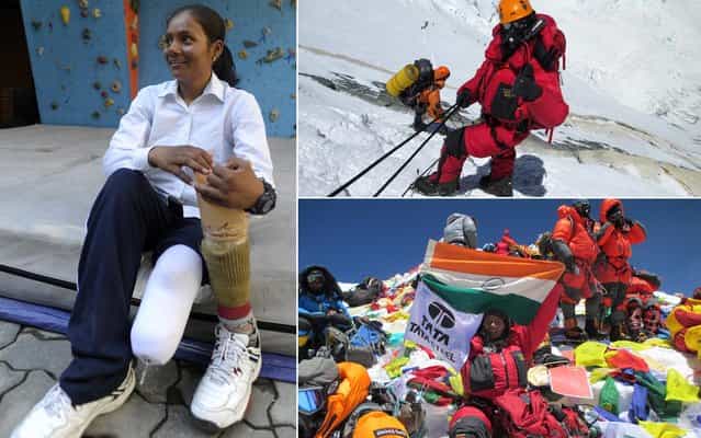 Arunima Sinha, a former national level volleyball player, who had lost her right leg after thrown off a moving train by some hoodlums, created history on Tuesday by becoming the first Indian amputee to conquer Mount Everest. The 25-year-old Arunima reached the summit of the highest peak in the world at 10.55 am, as a member of the Eco Everest Expedition from the Tata Group, an official of the Tourism Ministry of Nepal said. (Photo by Prakash Mathema/Arunima Sinha/AFP Photo)