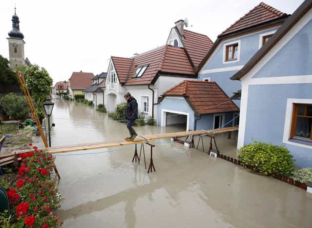 A women crosses a makeshift bridge over overflooded streets in Unterloiben, Austria on June 4, 2013. Torrential rain and heavy flooding hit central Europe. (Photo by Dieter Nagl/AFP Photo)