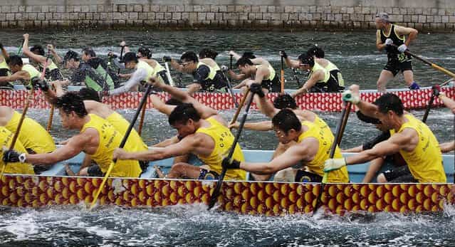 Competitors paddle hard during a race in Hong Kong. (Photo by Jessica Hromas/Getty Images)
