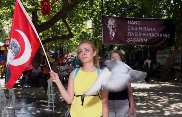 Turks, some of them holding national flags with images of Turkey's founder Kemal Ataturk, stand in a silent protest in Kugulu Park in Ankara, Turkey, Wednesday, June 19, 2013. After weeks of sometimes-violent confrontation with police, Turkish protesters have found a new form of resistance: standing still and silent. (Photo by Burhan Ozbilic/AP Photo)