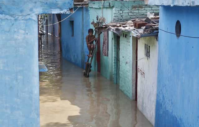 A boy sits on a ladder next to his flooded house with the rising water level of river Yamuna after heavy monsoon rains in New Delhi June 19, 2013. The rains are at least twice as heavy as usual in northwest and central India as the June-September monsoon spreads north, covering the whole country a month faster than normal. (Photo by Anindito Mukherjee/Reuters)