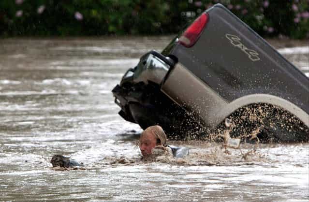 Kevan Yaets follows his cat Momo to safety as the floodwaters sweep him downstream after submerging his truck in High River, Alberta, after the Highwood River overflowed its banks, on June 20, 2013. Yaets crawled out the back window of the truck and swam with the cat to safety. (Photo by Jordan Verlage/The Canadian Press)