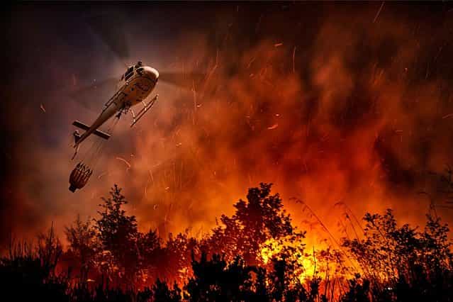 Inferno: Incredible shots show just how close this helicopter gets to the flames to put them out. (Photo by Antonio Grambone/Caters News Agency Ltd)