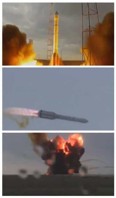 A combination photograph shows still frames taken from a video of an unmanned Russian Proton-M booster rocket, as it launches, veering off course and its crash (top to bottom) in Baikonur July 2, 2013. The rocket carrying three navigation satellites crashed shortly after lift-off from the Russian-leased Baikonur launch facility in Kazakhstan on Tuesday, spilling its highly toxic propellant. Television showed footage of the Proton-M booster rocket veering off course seconds after lift-off. It fell apart in flames in the air and crashed in a big ball of fire near the launch pad. There were no reported injuries. (Photo by Reuters TV)