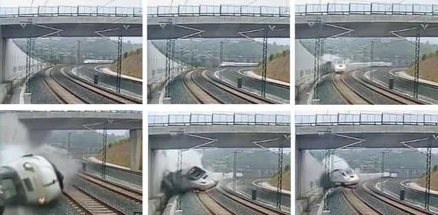 This combo image taken from security camera video shows clockwise from top left a train derailing in Santiago de Compostela, Spain, on Wednesday July 24, 2013. Spanish investigators tried to determine Thursday why a passenger train jumped the tracks and sent eight cars crashing into each other just before arriving in this northwestern shrine city on the eve of a major Christian religious festival, killing at least 77 people and injuring more than 140. (Photo by AP Photo)