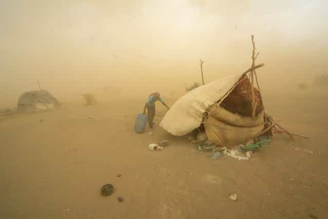 A gold mine worker takes shelter from a sandstorm in Al-Ibedia locality at River Nile State, July 30, 2013. (Photo by Mohamed Nureldin Abdallah/Reuters)