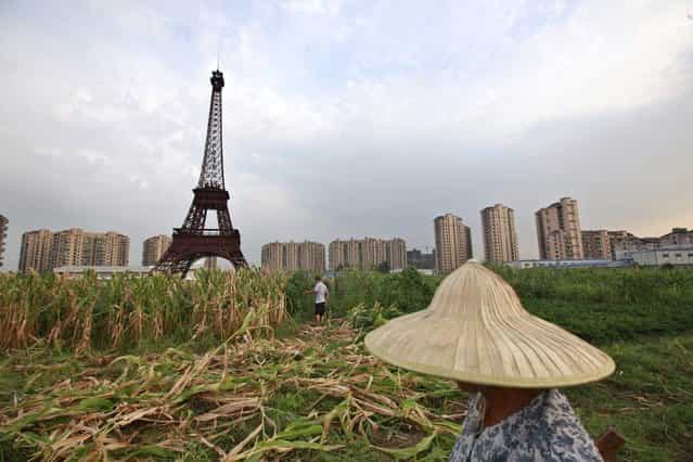 A farmer walks through a field near a replica of the Eiffel Tower at the Tianducheng development in Hangzhou, Zhejiang Province August 1, 2013. Tianducheng, developed by Zhejiang Guangsha Co. Ltd., started constructing in 2007 and was known as a knockoff of Paris with a scaled-replica of the Eiffel Tower, standing 108 metres, and Parisian houses. Although designed to accommodate at least ten thousand people, Tianducheng remains sparsely populated and is now considered as a [ghost town], according to local media. (Photo by Aly Song/Reuters)