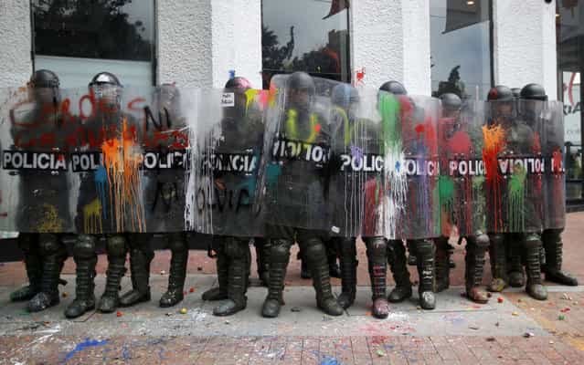 Riot police holding shields covered with paint thrown by protesters guard a public office in downtown Bogota, Colombia, Thursday, August 29, 2013. Students marched in support of farmers who have been blockading highways for more than 10 days for an assortment of demands that include reduced gasoline prices, increased subsidies and the cancellation of free trade agreements. (Photo by Fernando Vergara/AP Photo)