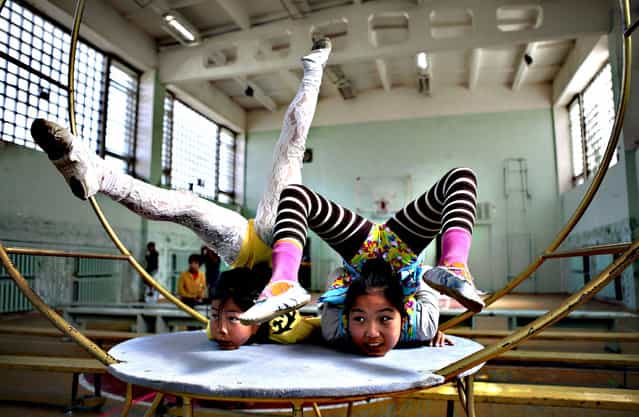 Members of Shonkhoodoi Circus practise in a gymnasium in Darkhan August 23, 2013. Mission Manduhai is created by Chimgee Haltarhuu, a former Mongolian gymnast and victim of domestic abuse, who brought three U.S. students and six young performers from Shonkhoodoi Circus in Darkhan to travel through the Mongolian countryside to give free circus performances. The free performances are held as a way to raise awareness on domestic abuse, by distributing leaflets on domestic abuse before and after the shows. (Photo by Mareike Guensche/Reuters)