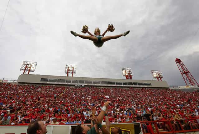 A member of the Edmonton Eskimos cheer squad goes flying through the air during their game against the Calgary Stampeders in the first half of their CFL football game September 2, 2013 in Calgary, Alberta, Canada. (Photo by Todd Korol/AFP Photo)