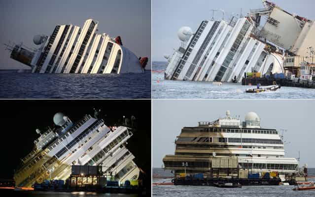 The Costa Concordia is seen after it was lifted upright, on the Tuscan Island of Giglio, Italy, early Tuesday morning. The crippled cruise ship was pulled completely upright after a complicated, 19-hour operation to wrench it from its side where it capsized last year off Tuscany, with officials declaring it a [perfect] end to a daring and unprecedented engineering feat. (Photo by Reuters/Associated Press)
