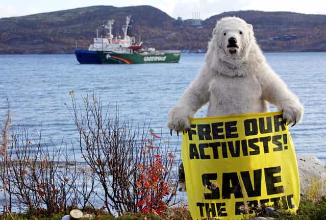 A handout picture taken on September 24, 2013, an provided by Greenpeace International shows a Greenpeace activist dressed as a polar bear holding a banner in front of the Arctic Sunrise Greenpeace's Arctic protest ship (back R) moored next to Russian Coast Guard ship (back L) in Kola Bay at the military base Severomorsk on the Kola peninsula near Murmansk. The poster reads: [Free Our Activists, Save The Arctic]. Russia opened yesterday a criminal probe into suspected piracy by both foreign and local activists from Greenpeace who staged a protest at sea over Arctic oil exploration by energy giant Gazprom. (Photo by Igor Podgorny/AFP Photo/Greenpeace)