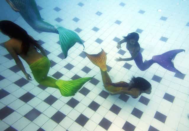 Filipino students practice during a mermaid swimming lesson by the Philippines Mermaid Swimming Academy in a private swimming pool in Makati, Manila, Philippines, 15 June 2013. The Philippine Mermaid Swimming Academy (PMSA) was created in 2012 in Boracay by Normeth Preglo of The Philippines and US swimming instructor Djuna Rocha. The swimming lessons were brought to Manila in April 2013. The price for a two-hour class is 37 US dollars. (Photo by Dennis M. Sabangan/EPA)